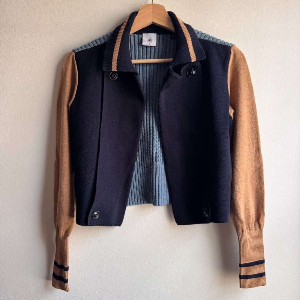 Cabi Turn Back Ribbed Cardigan Sweater Color block Preppy Blue Tan Size Small